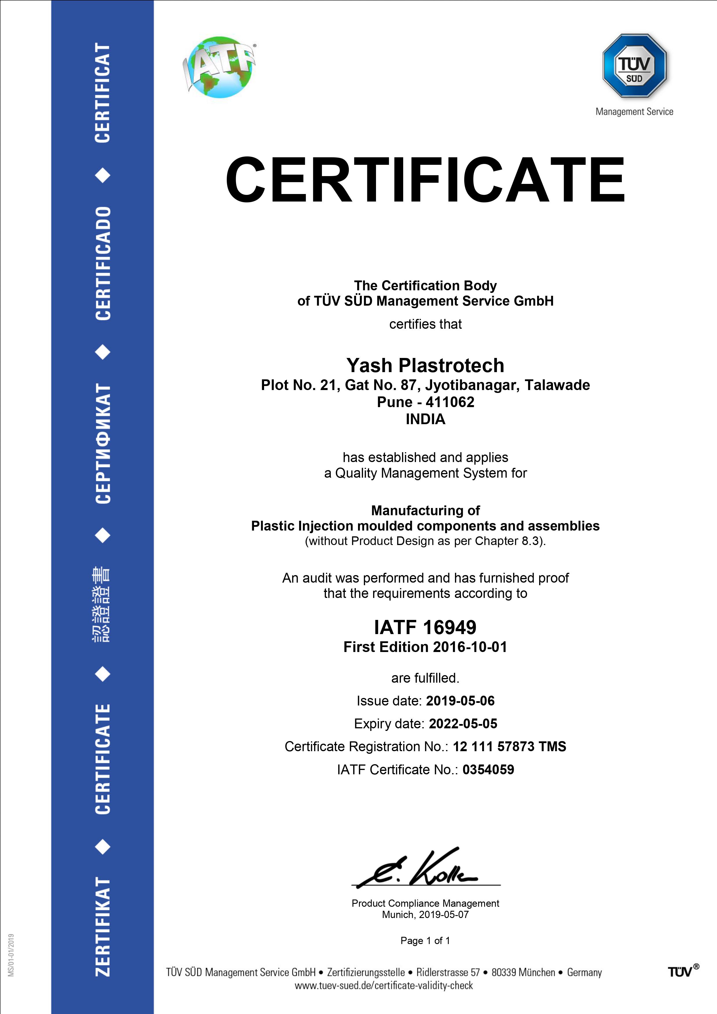 Yash Plastrotech Pvt Ltd TUV Quality Certificate